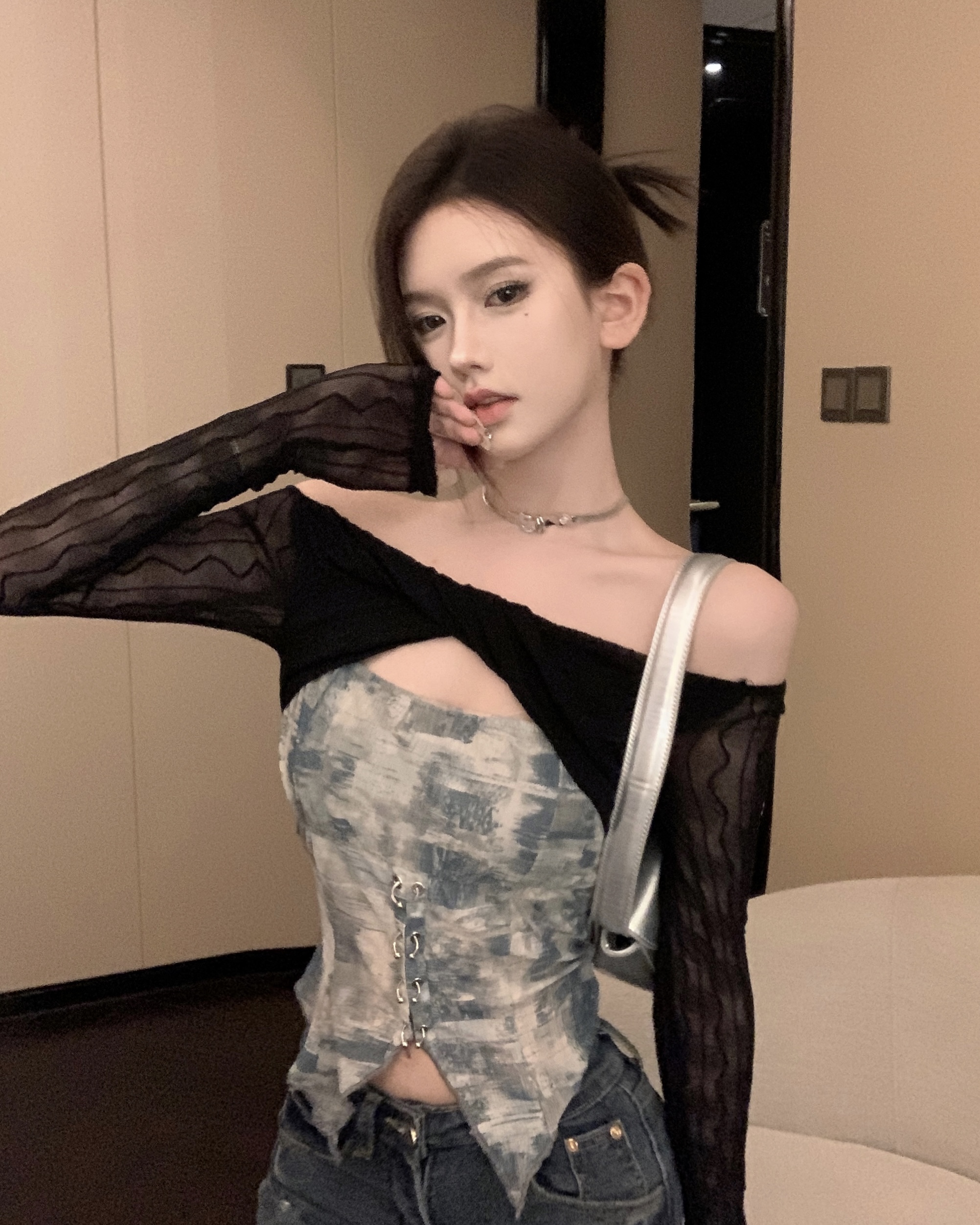 實拍 美式辣妹一字肩顯瘦拼接上衣設計感小眾假兩件夏季小衫