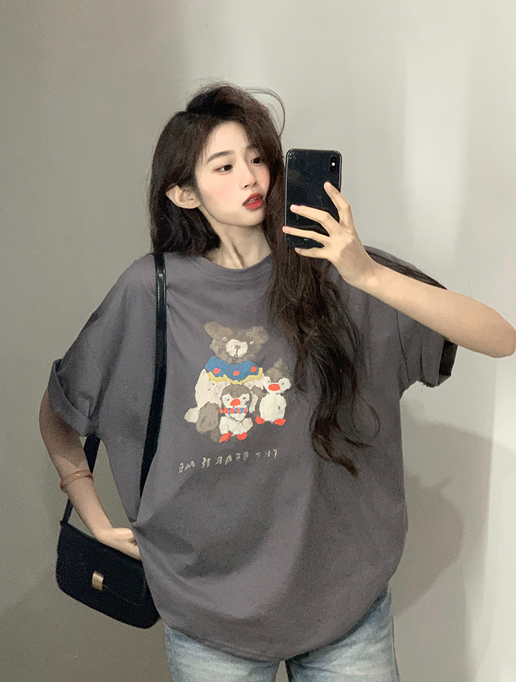 卡通小熊印花純棉短袖T恤女春季2024新款印花設計感小眾半袖上衣