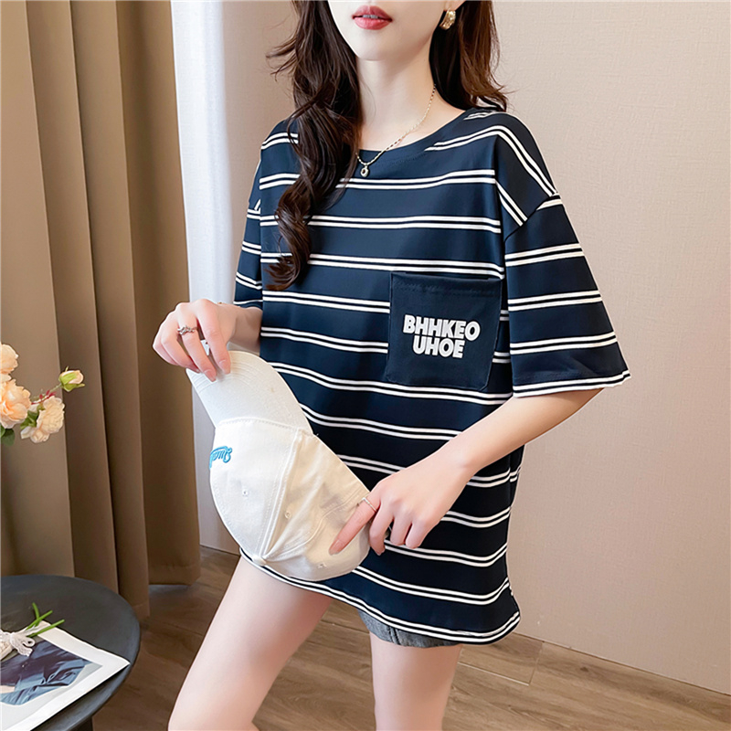 港風條紋短袖T恤女2024夏季新款百搭半袖衣服ins寬鬆休閒小眾體恤