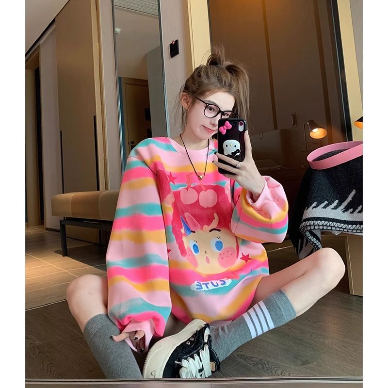 原版做工彩色條紋衛衣女春季2024新款美式復古圓領無帽