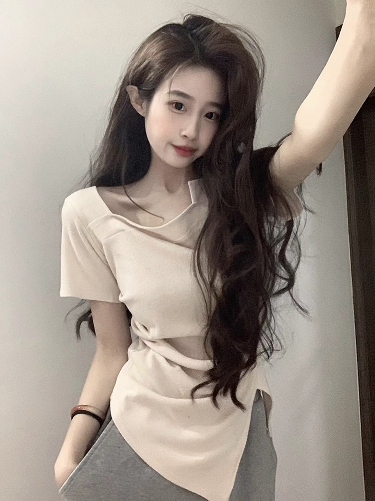實拍~夏季新款純欲風修身顯瘦設計感小眾短袖T恤衫