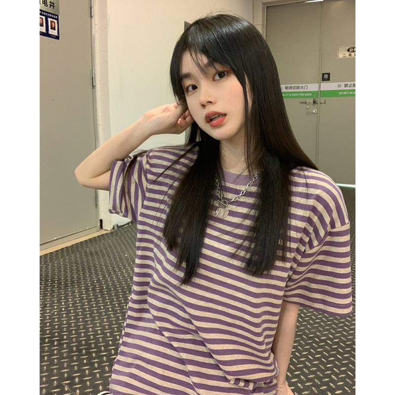 條紋短袖T恤女春季韓版2024新款學生紫色百搭寬鬆圓領套頭上衣潮