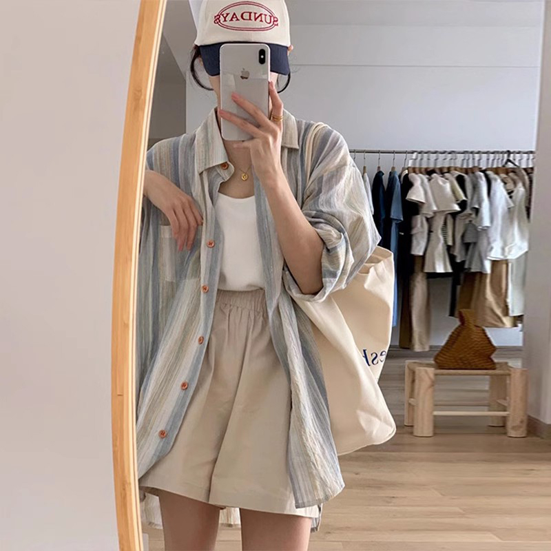 Already shipped Korean style retro all-match slimming striped spring and autumn new style loose lazy casual long-sleeved cardigan