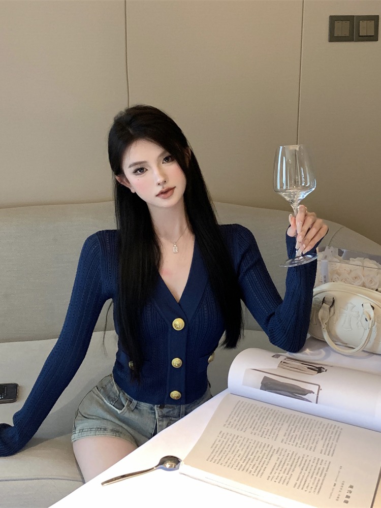 Already shipped blue long-sleeved v-neck sweater for women with French style slim fit short cardigan top