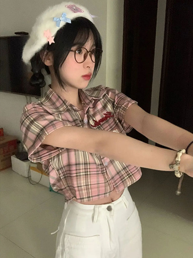 美式辣妹學院風格子短袖襯衫女夏寬鬆法式甜辣風復古純欲短款上衣