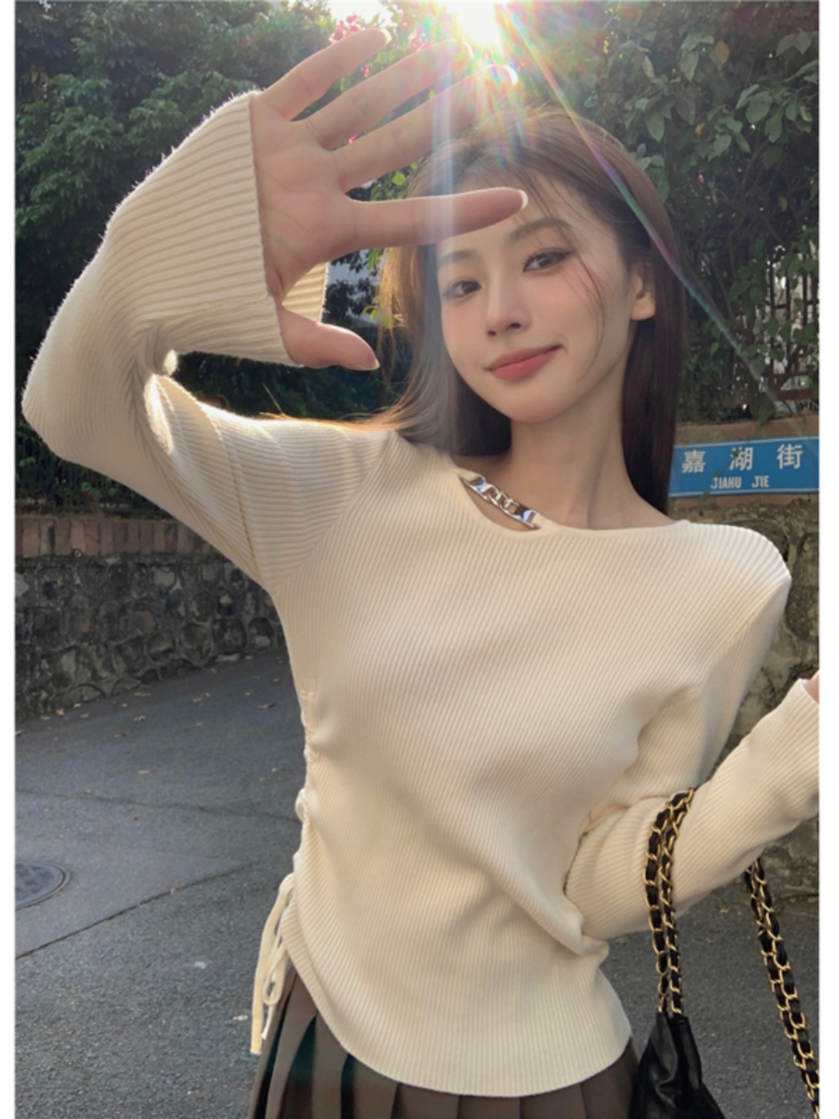 已出貨 別致高級感抽繩針織衫新款修身顯瘦設計感打底內搭上衣女