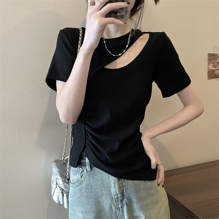 實拍黑色短袖短款t恤女生夏高腰辣妹小心機漏肚臍上衣