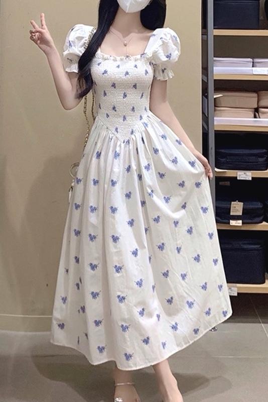 French Sweet Square Neck Puff Sleeve Floral Dress Women's Summer Waist Slimming A-Line Skirt