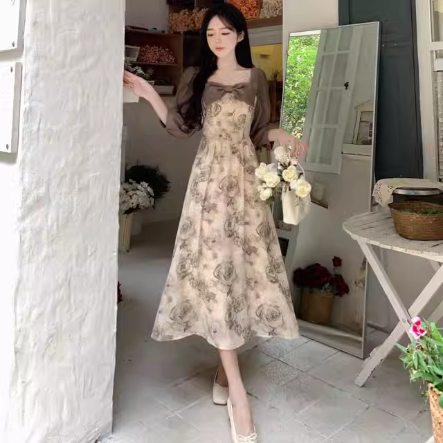 時尚超火復古風水墨碎花吊帶裙女夏季法式溫柔風茶歇百搭連衣裙