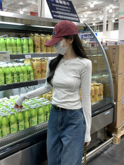 Spring New Korean Style Fitted Crew Neck Solid Color Bone Design Pure Cotton Long Sleeve T-Shirt for Women