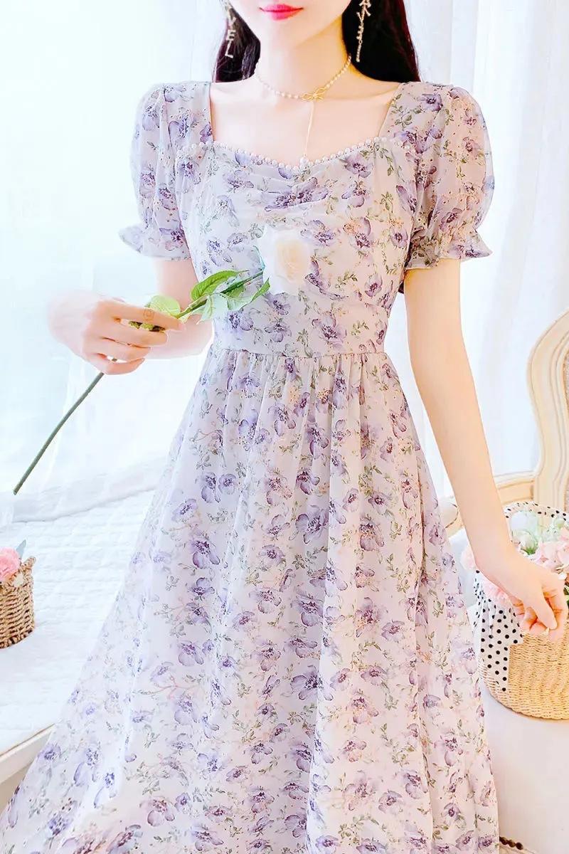 Square neck floral dress women's summer 2024 new style French retro high-end tea break dress