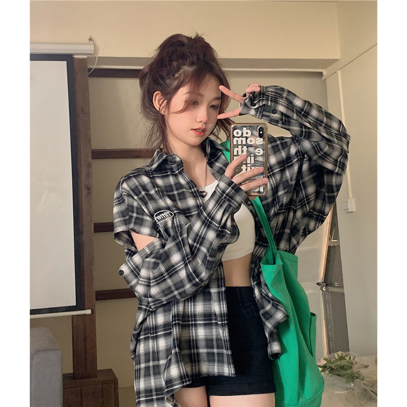 Already shipped Korean design niche plaid hole slimming spring new design shirt tops for women