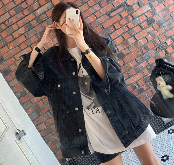 Korean ins 2024 early spring washed blue side concealed button design loose and slim denim jacket