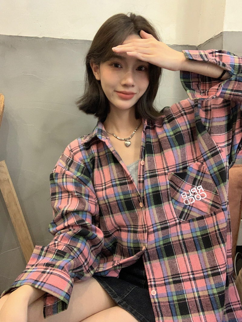 美式復古口袋刺繡粉色格子襯衫女2024年春季百搭新款情侶休閒上衣
