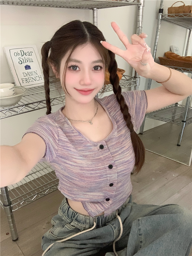 已出貨 夏季法式復古漸變條紋修身V領純欲針織開衫短袖T恤短款