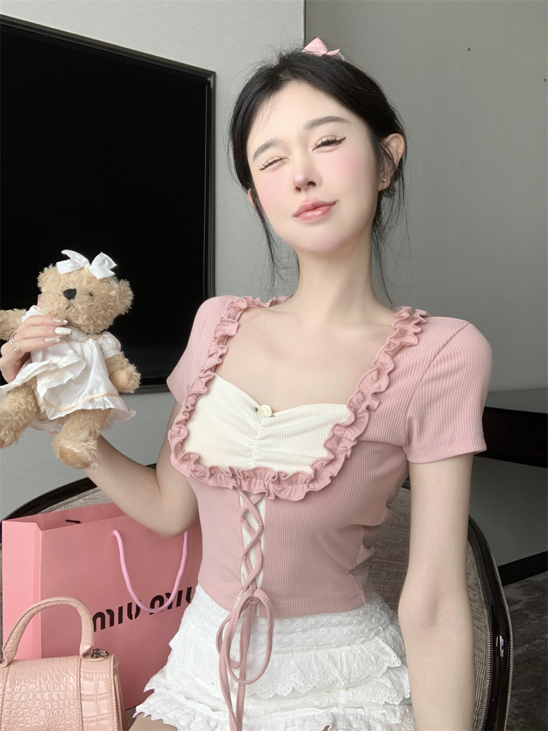 氣質polo領辣妹短袖襯衫女假兩件拼接純欲夏季收腰短款上衣