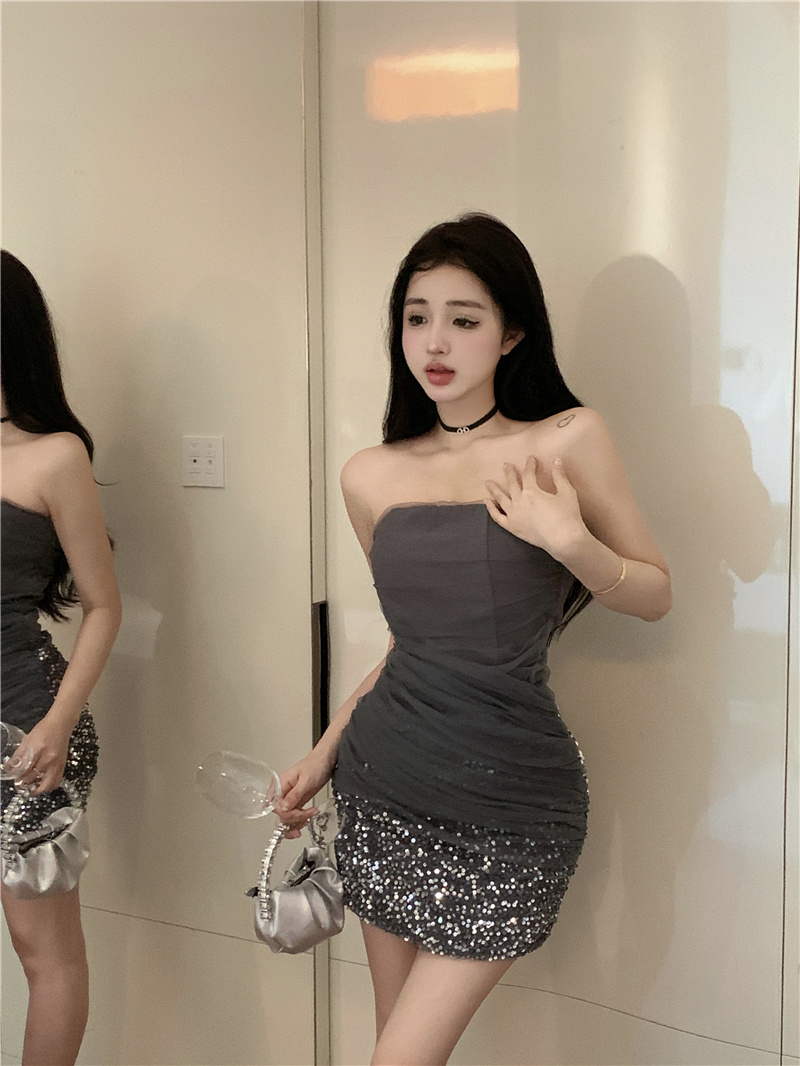 實拍新款高腰顯瘦時髦氣質拼接亮片抹胸內搭連衣裙女