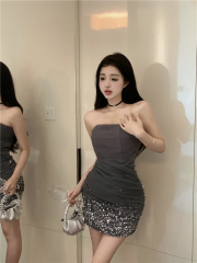 Women's Spaghetti Strap Sequin Sequin Patchwork High-Waisted Slimming Stylish Dress