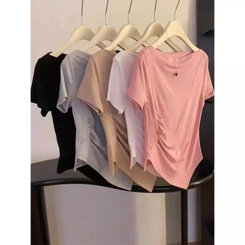 粉色短袖T恤女正肩夏季设计感褶皱不规则下摆短款辣妹一字领上衣