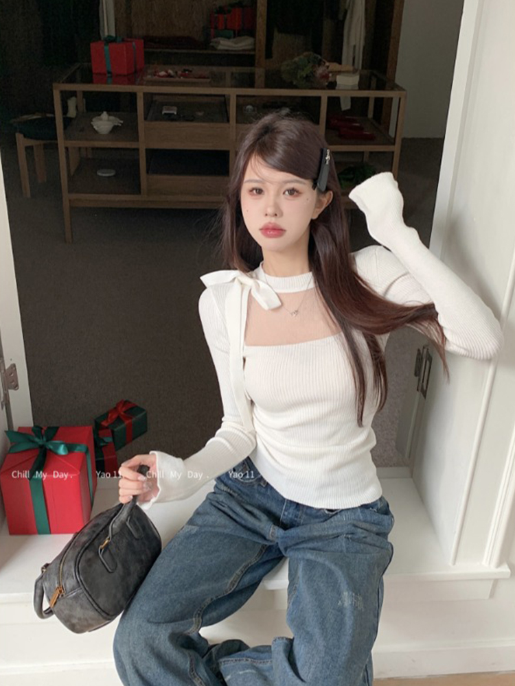 秋冬純欲粉色白色蝴蝶結內搭針織衫女高級感修身毛衣短款打底上衣