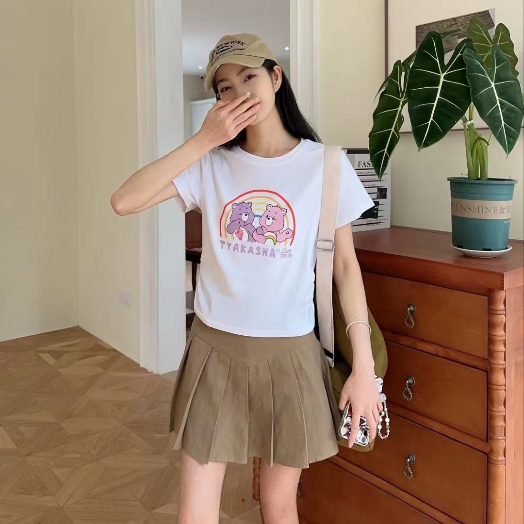 美式印花短袖t恤女夏季2024新款小眾設計感辣妹短款修身顯瘦上衣