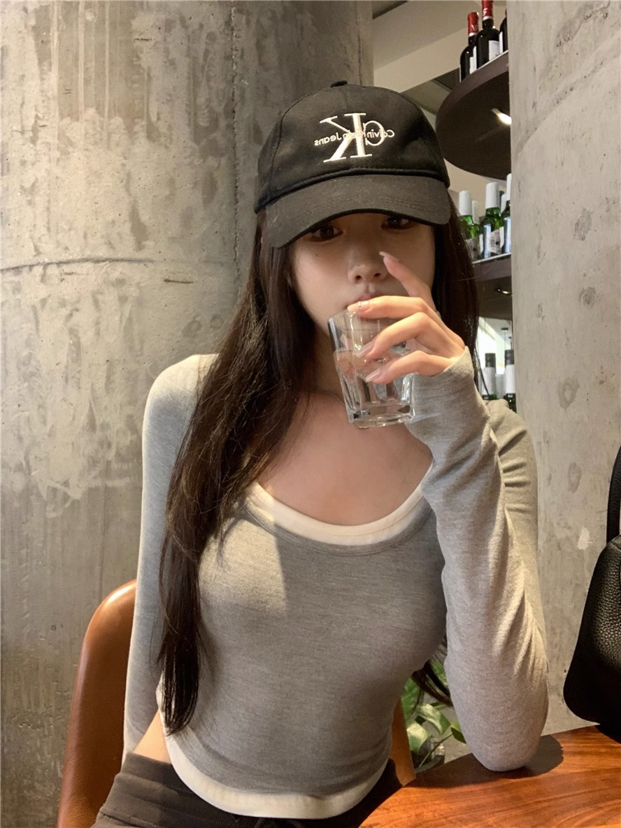 已出貨 甜欲修身~基礎百搭假兩件磨毛上衣秋季修身短款內搭打底衫