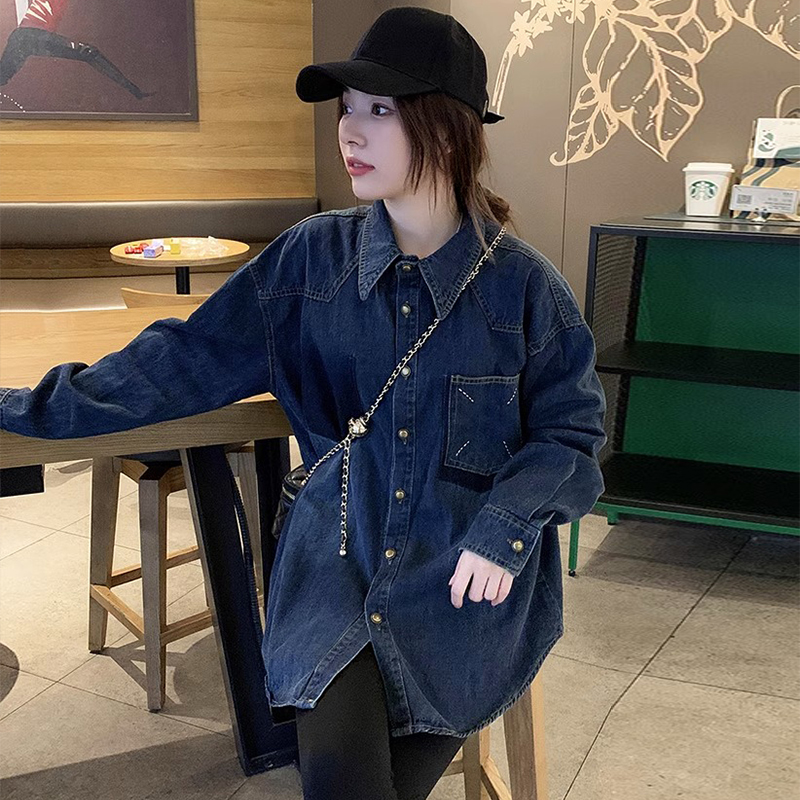 2024春裝新款大碼女裝寬鬆大版復古撞色牛仔襯衣外套S-5XL200斤