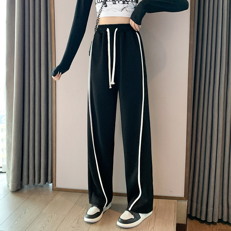 黑色運動褲女直筒寬鬆設計感小眾褲子潮ins高街闊腿衛褲