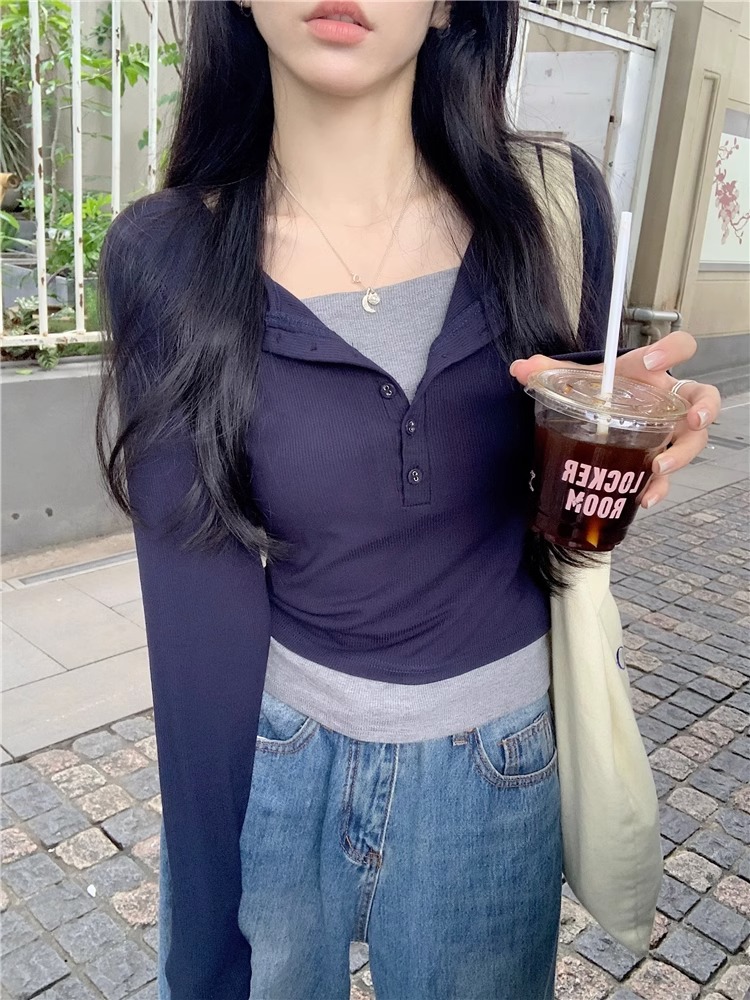 已出貨 小眾設計感拼接假兩件長袖T恤女秋季修身顯瘦短款上衣ins