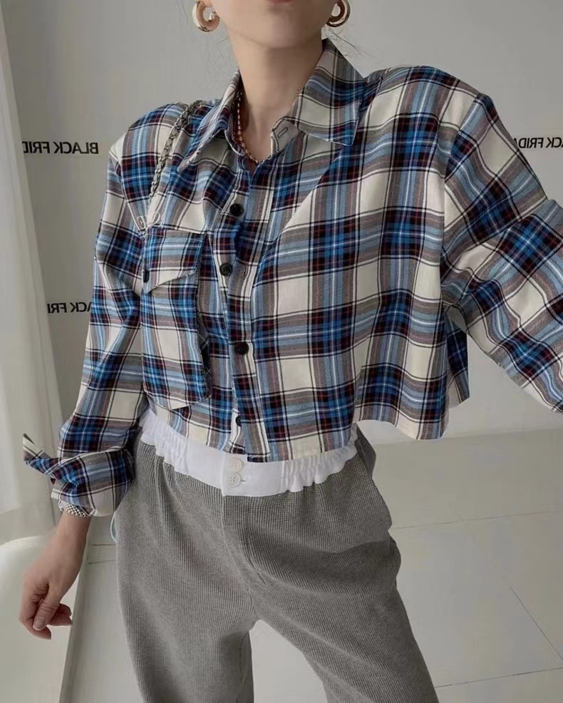 韓國chic 翻領字母印花設計寬鬆百搭長袖短款襯衫上衣