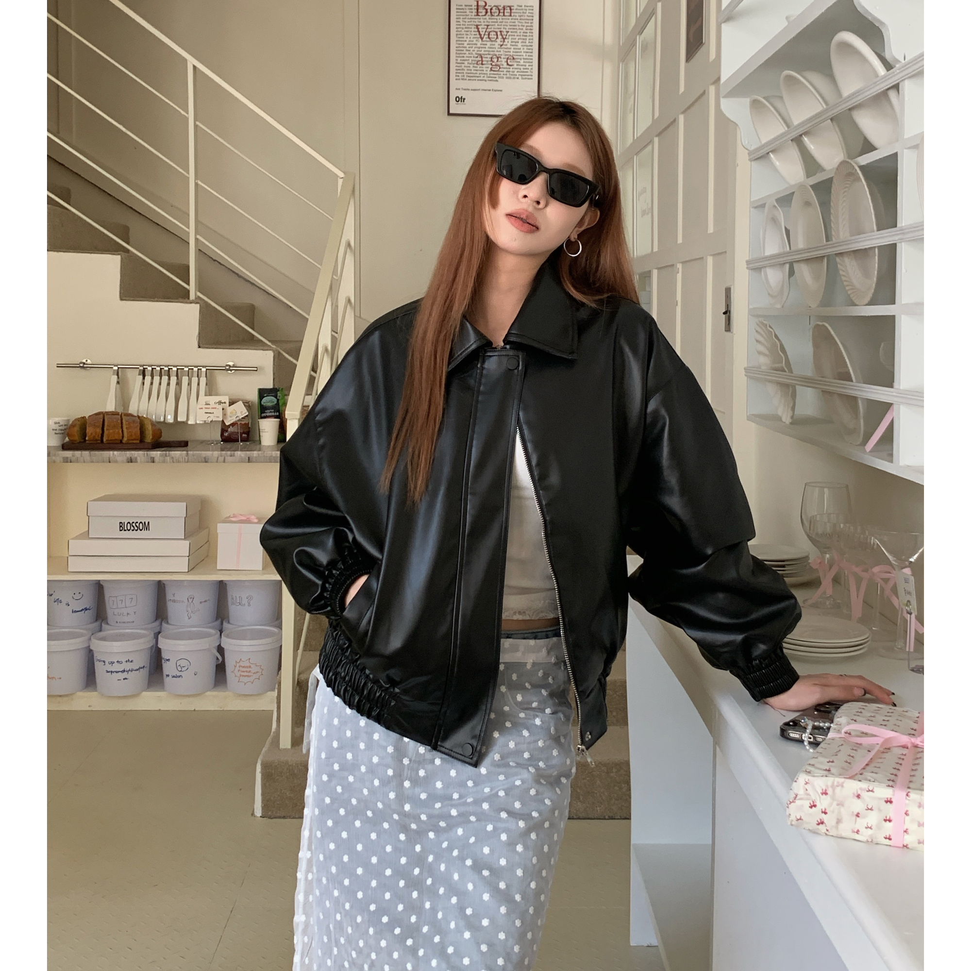 Actual shot of spring and autumn versatile pu leather jacket coolgirl leather jacket motorcycle jacket