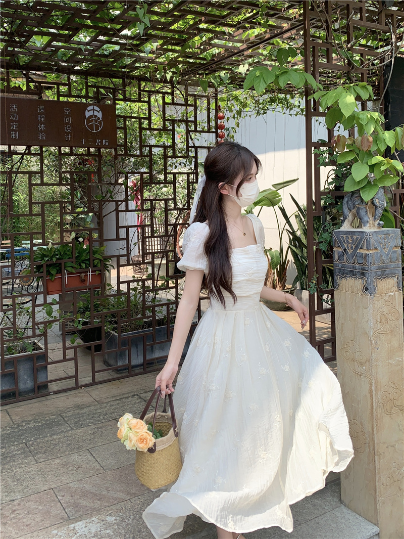 Real shot of spring embroidered dress for women, pleated waist, temperament, niche design, high-end skirt