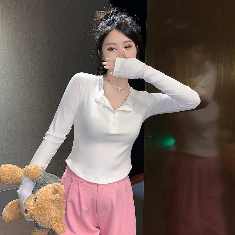 歐貨長袖t恤女春秋2024新款高級感修身上衣打底衫排扣內搭女