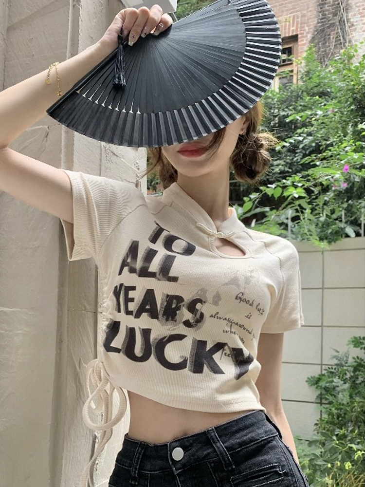 辣妹短袖t恤女夏季中國風小眾設計感立領不規則高腰短款上衣ins潮
