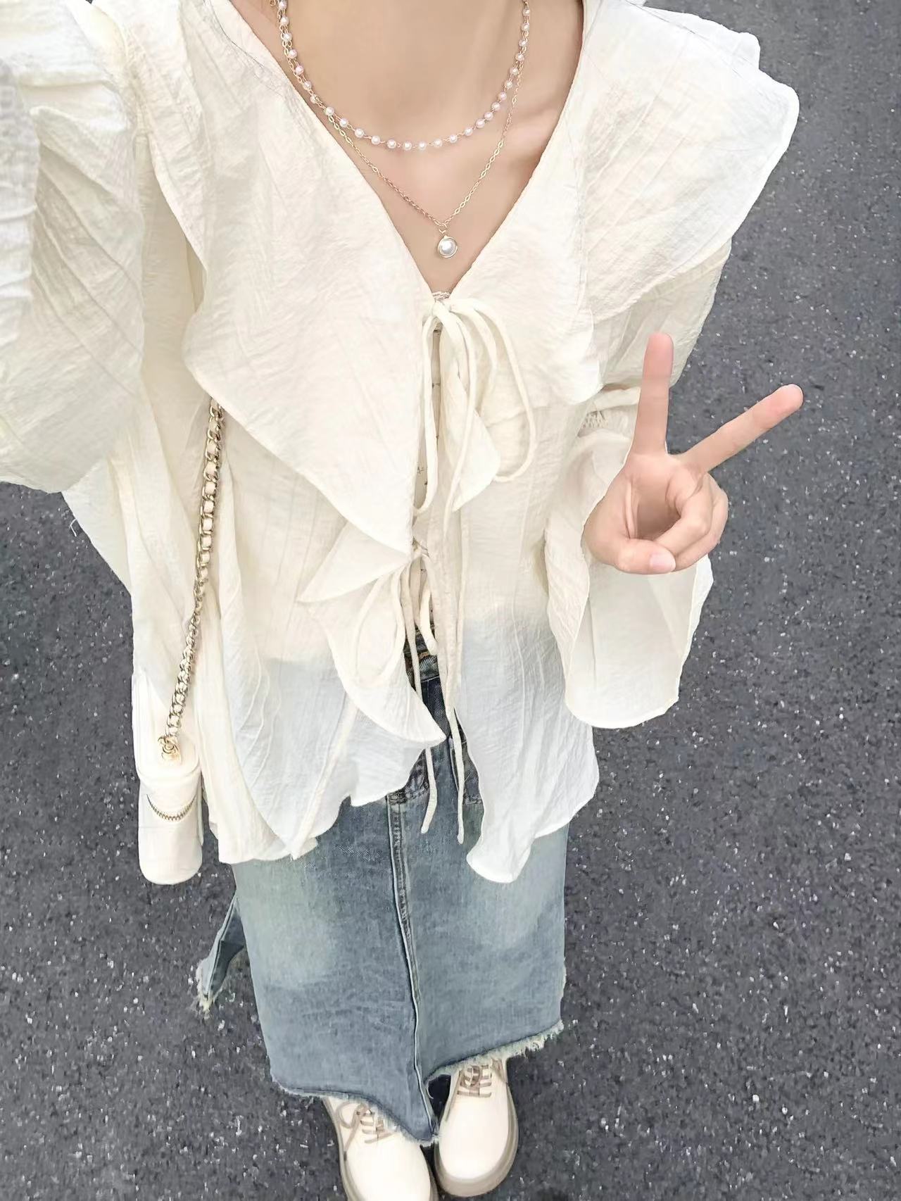 綁帶荷葉長袖襯衫內搭吊帶女春季新款高腰半身裙顯瘦牛仔裙三件套