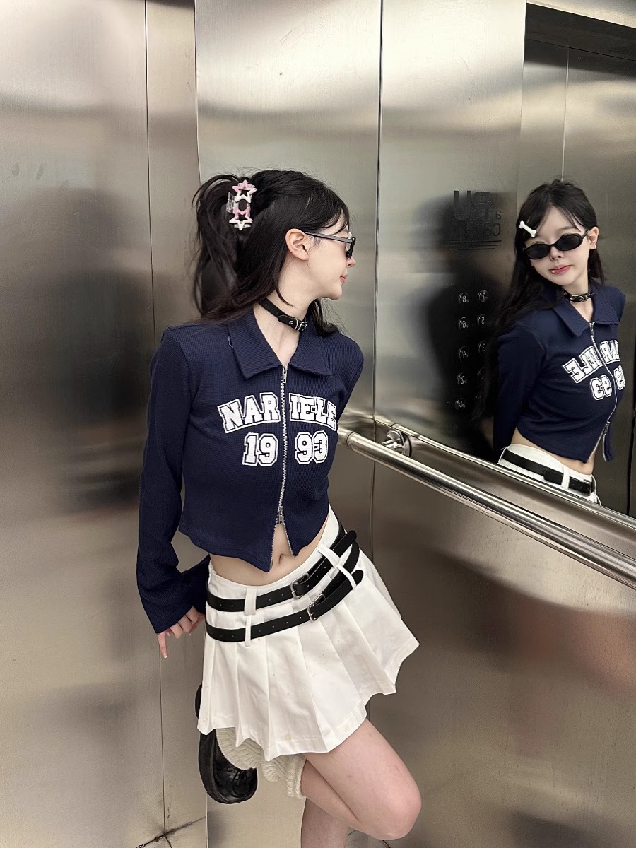 已出貨 美式辣妹拉鏈設計感正肩長袖T恤上衣短款外套修身開衫女