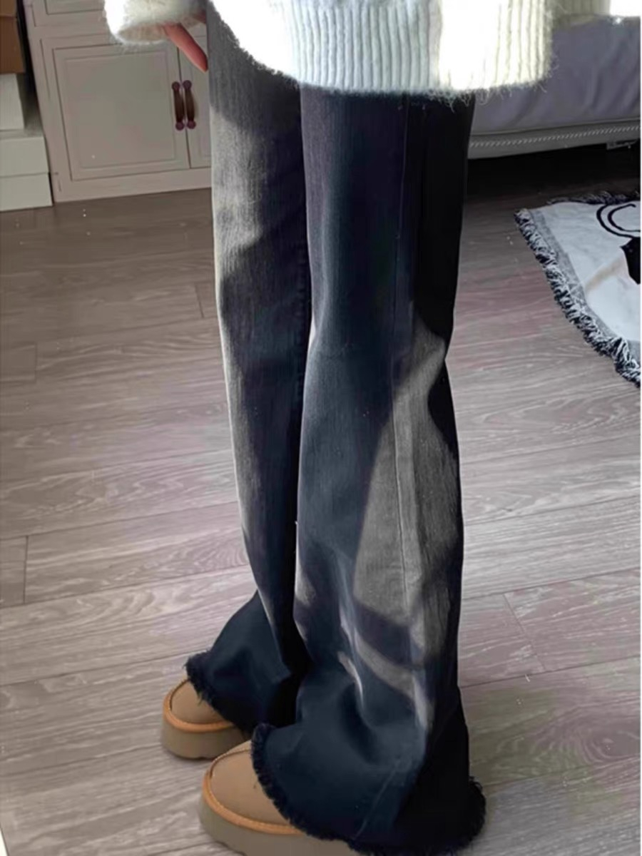 Black slightly flared raw edge jeans for women new fat girl mm high waist elastic slimming flared floor mopping pants