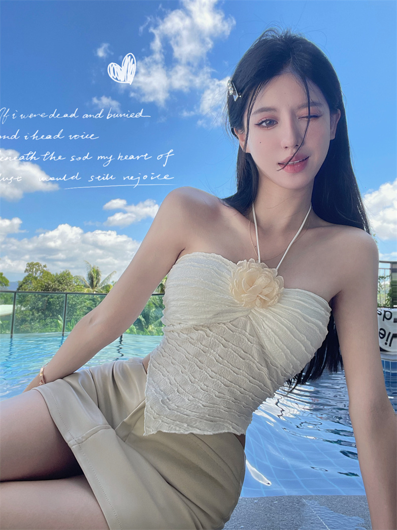 實拍 甜妹韓系立體花朵掛脖背心