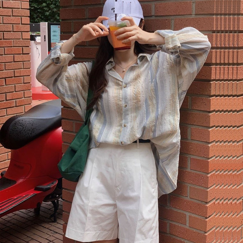 條紋襯衫外套女2024春韓系高級感設計感小眾長袖休閒外穿襯衣上衣