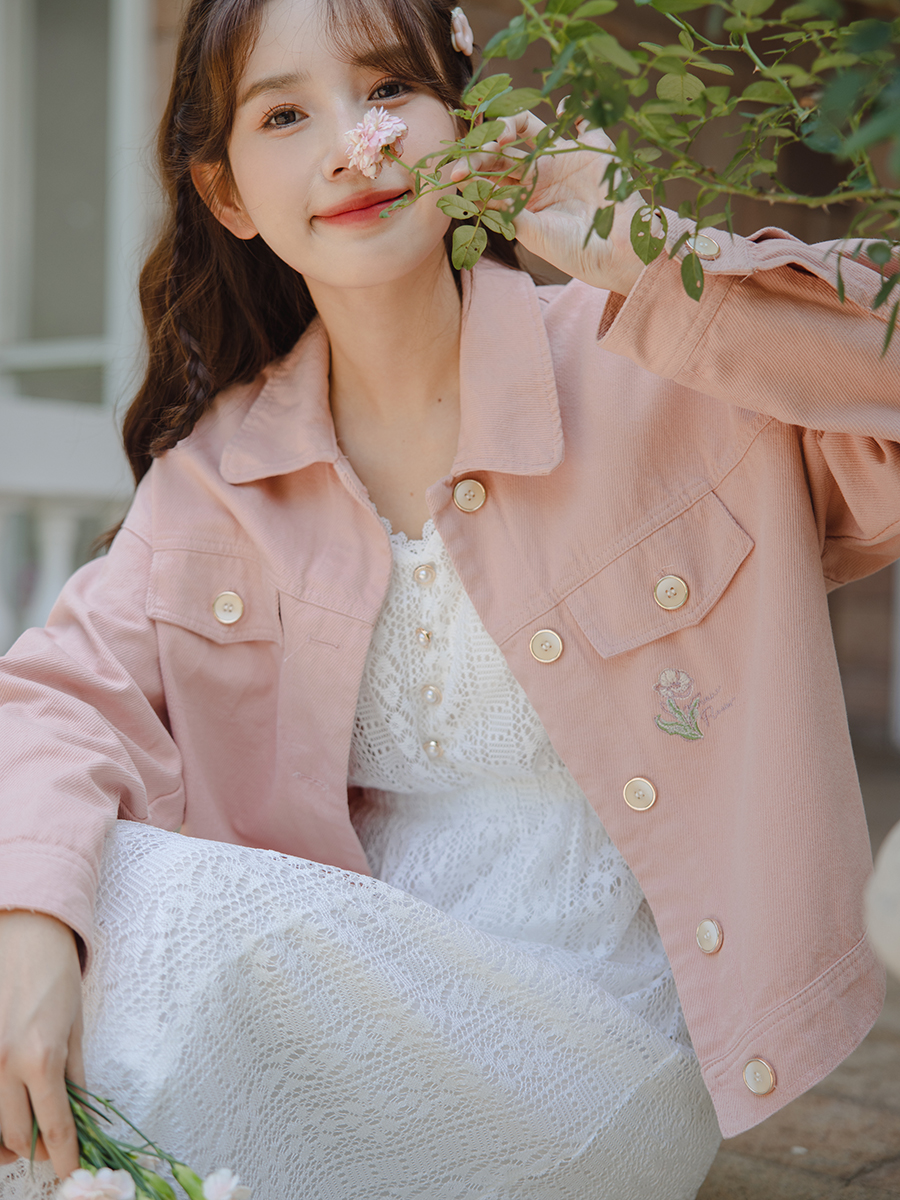 實拍2024春季新款甜美繡花牛仔外套上衣粉色短外套刺繡牛仔衣女