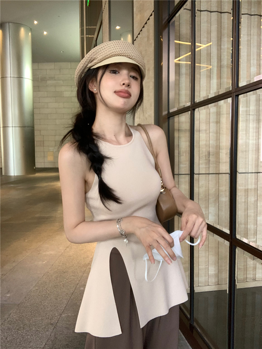 已出貨 純欲風針織獨特别致小吊帶背心女夏季修身開叉無袖甜辣