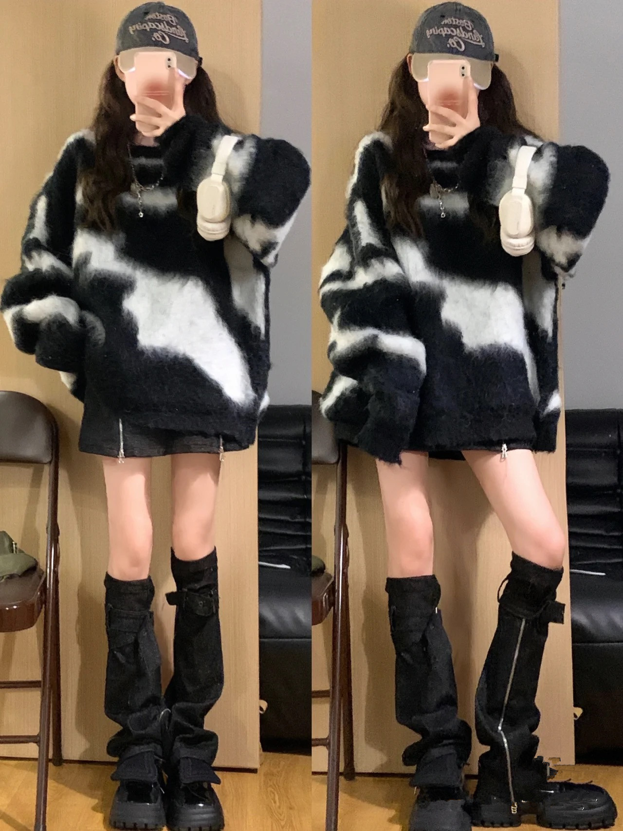 韓版新款上衣春秋季黑白毛衣女秋冬復古慵懶風設計感小眾外套