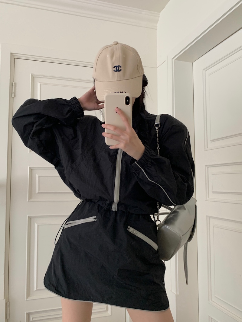 實拍 寬鬆顯瘦長袖立領防曬外套衝鋒衣+高腰百搭半身裙套裝