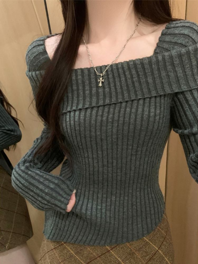 一字肩不規則毛衣女2024秋冬季新款紅色修身短款打底針織衫上衣緊