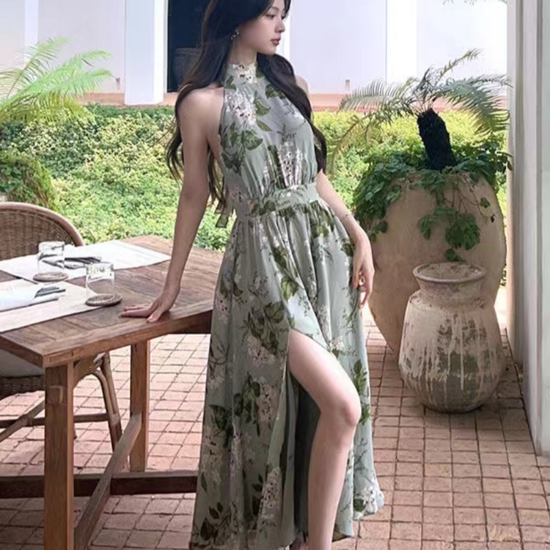 2024高級感新中式復古優雅連衣裙女法式夏季無袖氣質收腰印花裙子