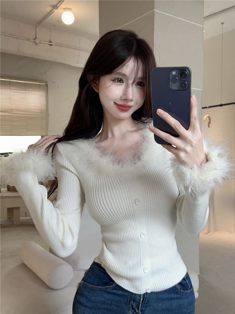 小眾設計感袖口拼接羽毛毛衣女氣質V領修身打底針織衫內搭短上衣