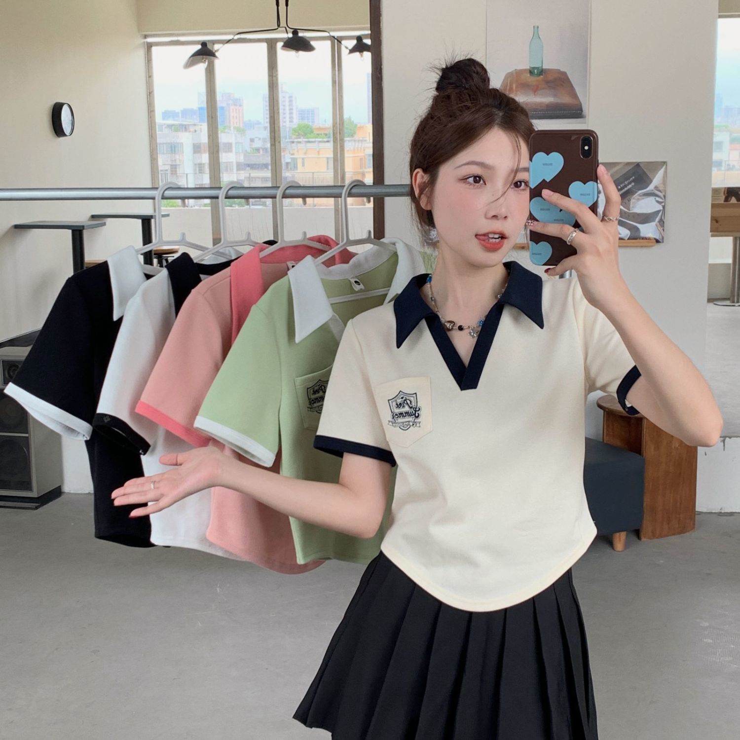 polo領短袖正肩t恤女夏胖mm不規則短款口袋遮肚子顯瘦上衣