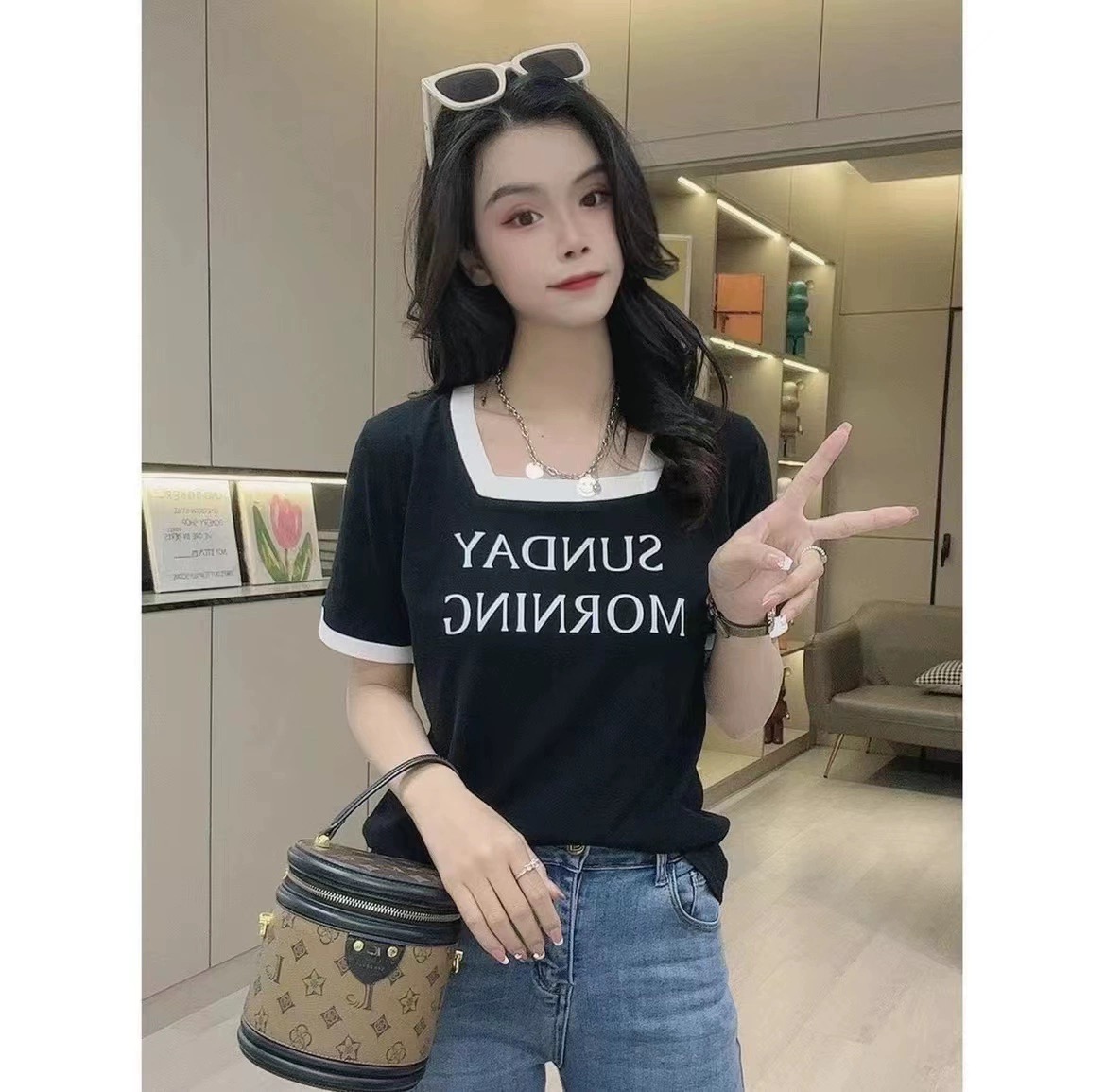 獨特美式復古chic甜辣妹短款方領正肩上衣設計感小眾短袖t恤女夏