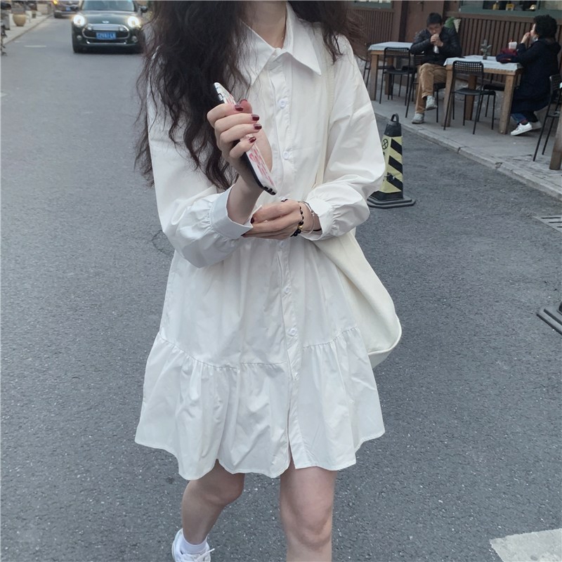 2024春秋新款小個子法式白色連衣裙子女設計感小眾長袖A字襯衫裙