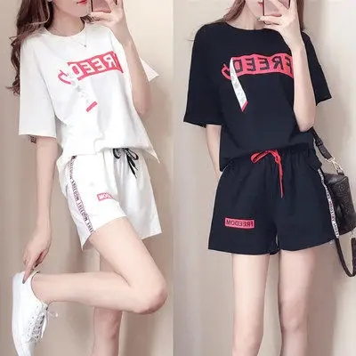 Has been shipped casual sports suit for women summer new Korean style fashion loose short-sleeved plus size shorts running two pieces